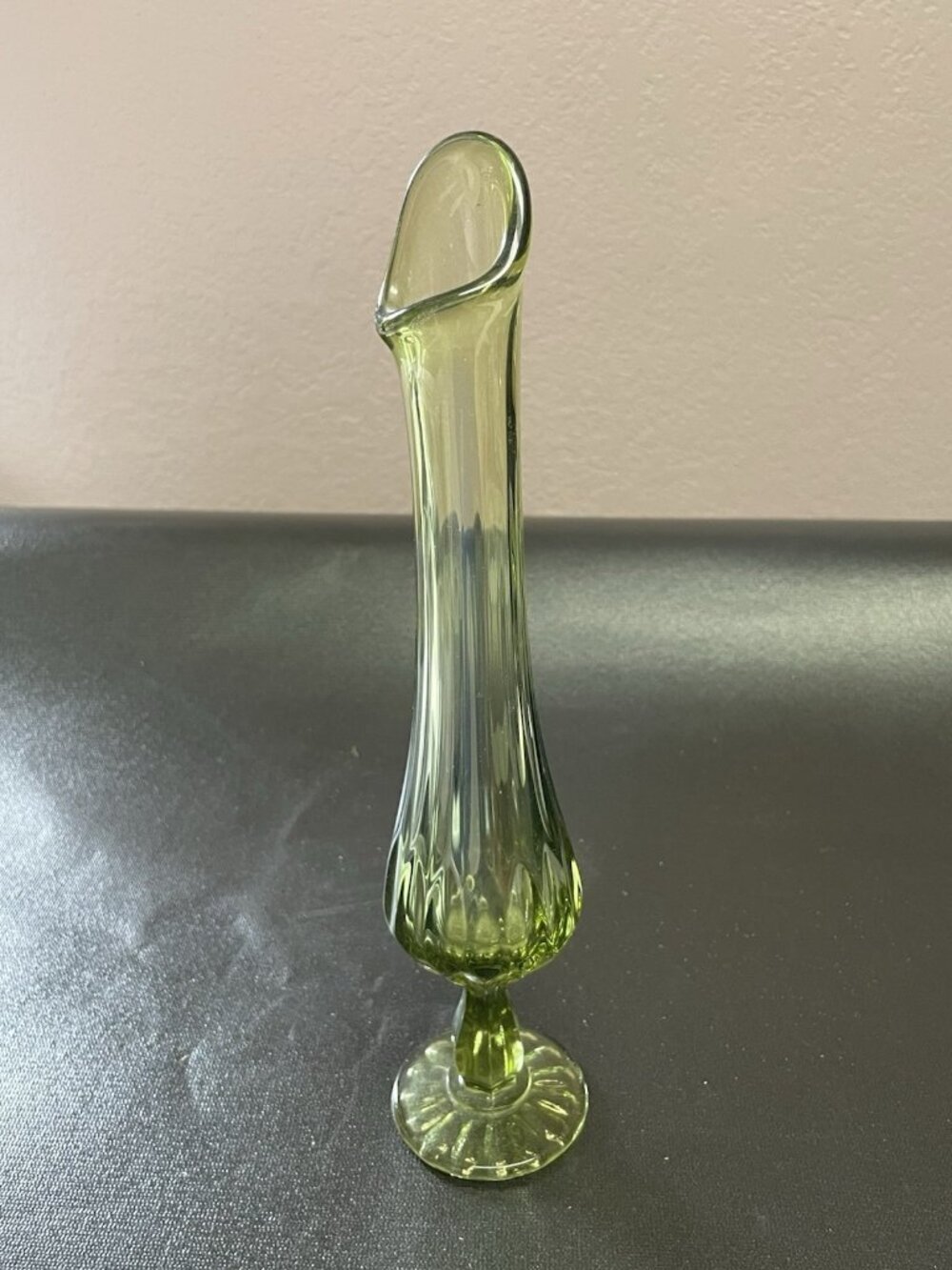 Vintage Stamped Art Glass Green Swung Bud Vase 11”